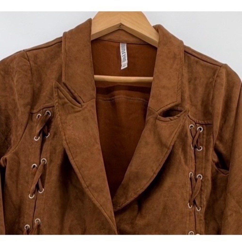 Monoreno Brown‎ Faux Suede Lace Up Trench Coat Jacket Women's Size Medium